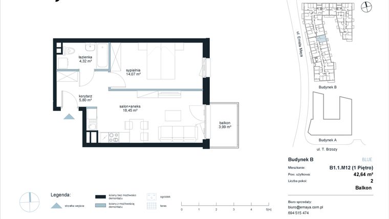 Rzut - Mieszkanie na sprzedaż 2 pokoje o powierzchni 42,64 m² - numer B1.1.M12 w EMaya