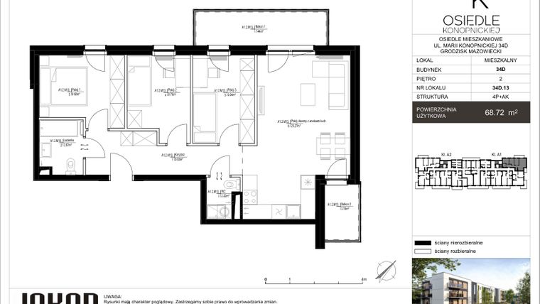 Rzut - Mieszkanie na sprzedaż 3 pokoje o powierzchni 68,72 m² - numer 34D.13 w Osiedle Konopnickiej