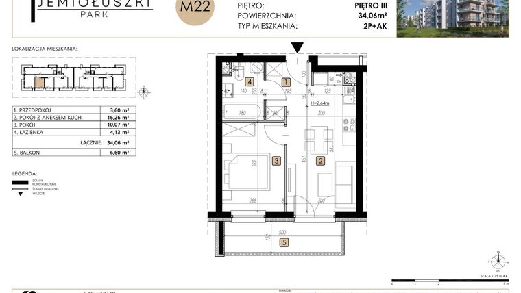 Rzut - Mieszkanie na sprzedaż 2 pokoje o powierzchni 34,06 m² - numer M22 w Jemiołuszki Park