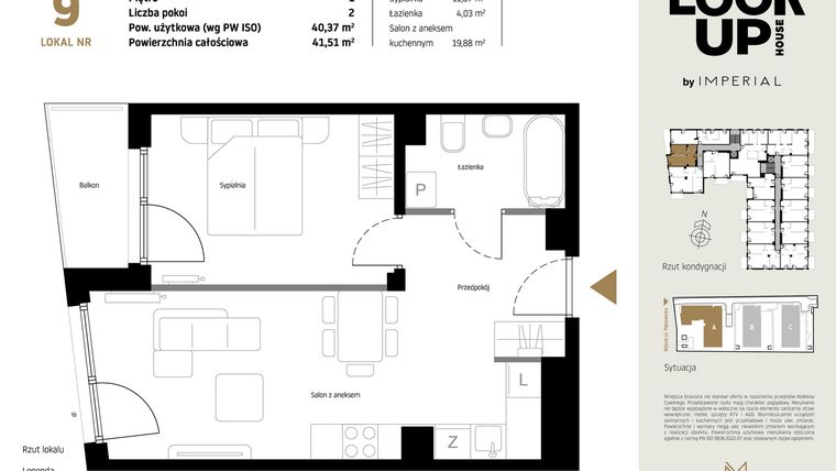 Rzut - Mieszkanie na sprzedaż 2 pokoje o powierzchni 40,37 m² - numer A9 w Look Up House