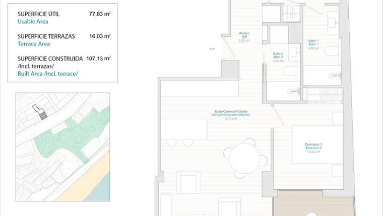 Rzut - Mieszkanie na sprzedaż 3 pokoje o powierzchni 77 m² - numer 4B w Allonbay Urban - Villajoyosa