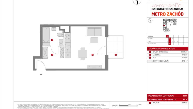Rzut - Mieszkanie na sprzedaż 1 pokój o powierzchni 30,55 m² - numer D.46 w Dzielnica Mieszkaniowa Metro Zachód - etap 8.2
