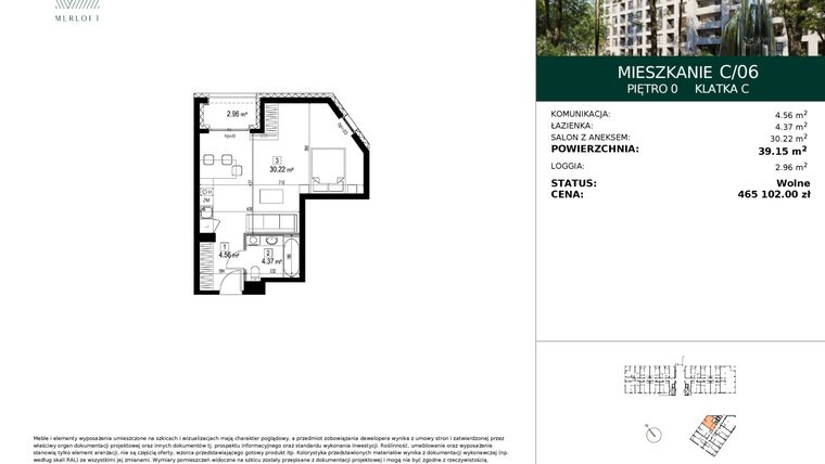 Rzut - Mieszkanie na sprzedaż 1 pokój o powierzchni 39,15 m² - numer C/06 w Merloft