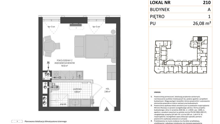Rzut - Mieszkanie na sprzedaż 1 pokój o powierzchni 26,08 m² - numer A.210 w Esencja - Apartamenty inwestycyjne