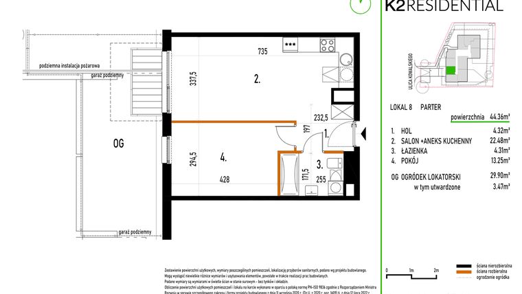 Rzut - Mieszkanie na sprzedaż 2 pokoje o powierzchni 44,36 m² - numer 8 w Kowalskiego 37
