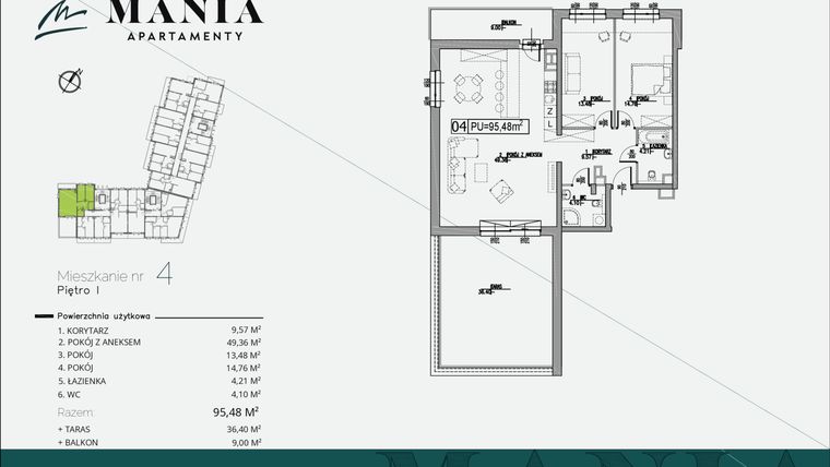 Rzut - Mieszkanie na sprzedaż 3 pokoje o powierzchni 95,48 m² - numer 4 w MANIA Apartamenty