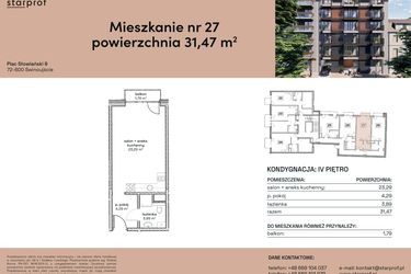 Rzut - Mieszkanie na sprzedaż 1 pokój o powierzchni 31,47 m² - numer M27 w Plac Słowiański 9