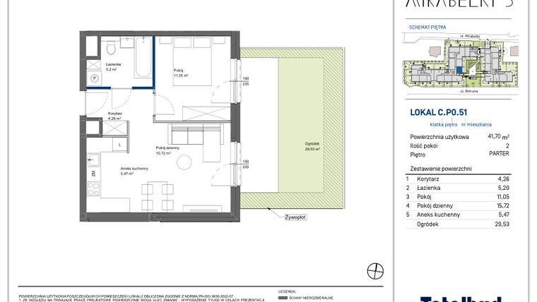 Rzut - Mieszkanie na sprzedaż 2 pokoje o powierzchni 42,03 m² - numer C.P0.51 w Mirabelki 5