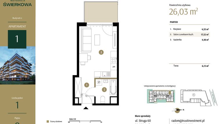 Rzut - Mieszkanie na sprzedaż 1 pokój o powierzchni 26,03 m² - numer M.1 w Rezydencja Świerkowa - etap II