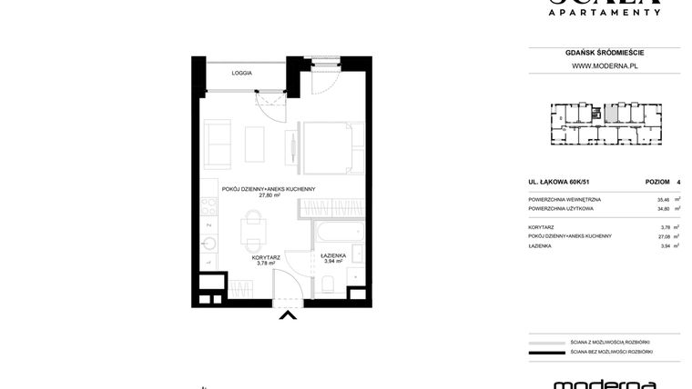 Rzut - Mieszkanie na sprzedaż 1 pokój o powierzchni 35,46 m² - numer K-51 (E) w Scala