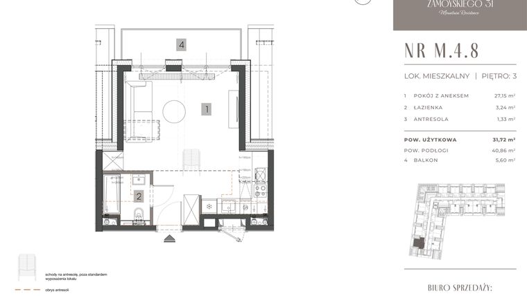 Rzut - Mieszkanie na sprzedaż 1 pokój o powierzchni 31,72 m² - numer M.4.8 w Zamoyskiego 31