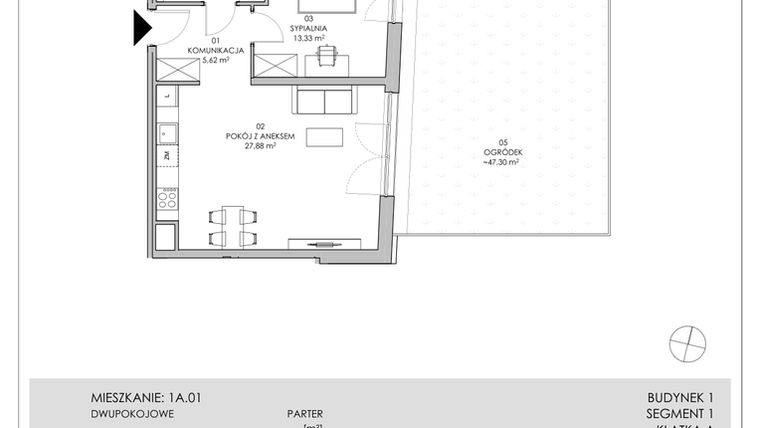 Rzut - Mieszkanie na sprzedaż 2 pokoje o powierzchni 51,45 m² - numer 1A.01 w Skwer Harmonia II