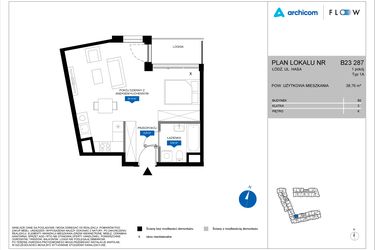 Rzut - Mieszkanie na sprzedaż 1 pokój o powierzchni 38,76 m² - numer B23 287 w Flow - bud. B2 A i bud. B2 B