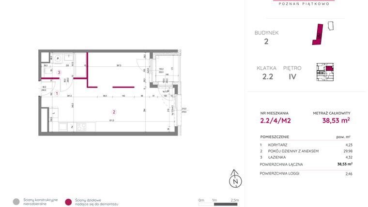 Rzut - Mieszkanie na sprzedaż 2 pokoje o powierzchni 38,53 m² - numer 2.2/4/M2 w Lechicka 65