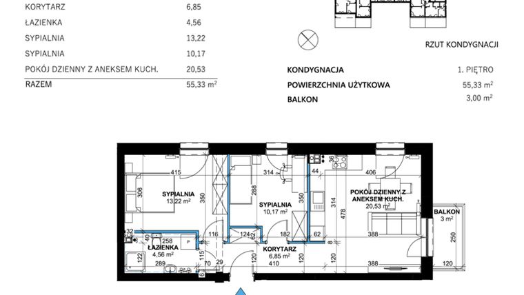 Rzut - Mieszkanie na sprzedaż 3 pokoje o powierzchni 55,33 m² - numer 9 w Comfort Corner