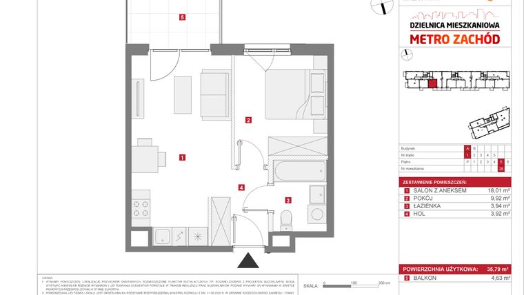 Rzut - Mieszkanie na sprzedaż 2 pokoje o powierzchni 35,79 m² - numer 13.1.A.28 w Dzielnica Mieszkaniowa Metro Zachód - etap 13