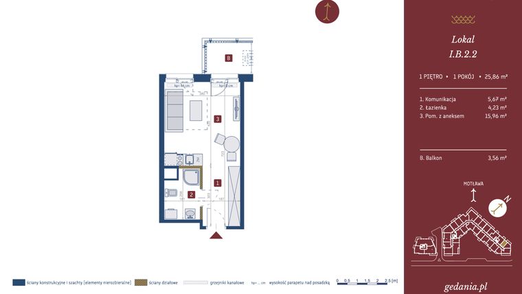 Rzut - Mieszkanie na sprzedaż 1 pokój o powierzchni 25,76 m² - numer I.B.2.2 w GEDANIA Riverside Living - apartamenty inwestycyjne