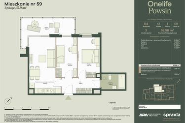 Rzut - Mieszkanie na sprzedaż 3 pokoje o powierzchni 52,58 m² - numer B4/59 w Onelife Powsin