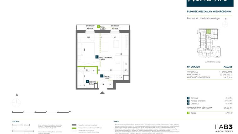 Rzut - Mieszkanie na sprzedaż 1 pokój o powierzchni 35,23 m² - numer AA0206 w Vilda Arte