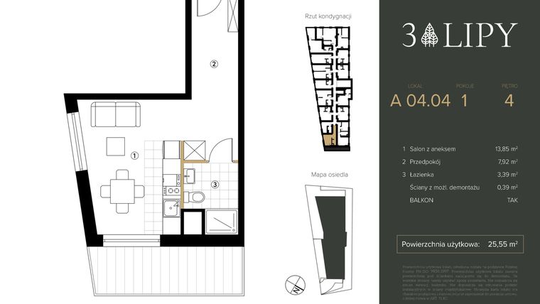 Rzut - Mieszkanie na sprzedaż 1 pokój o powierzchni 25,55 m² - numer A.04.04 w 3 lipy