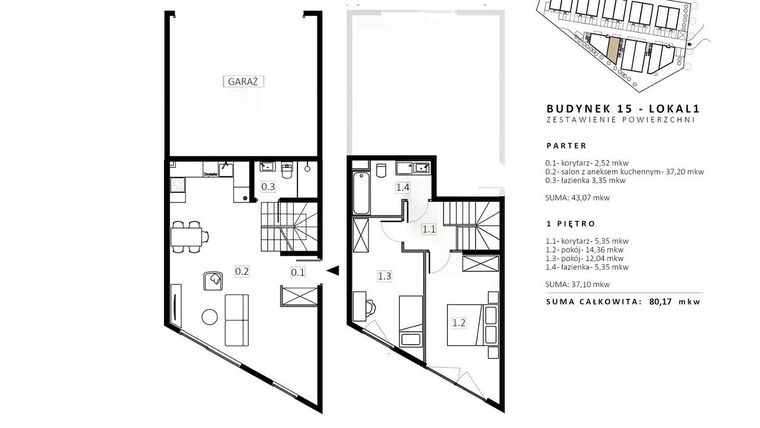 Rzut - Mieszkanie na sprzedaż 3 pokoje o powierzchni 80,17 m² - numer B15/M1 w Wille Estezja