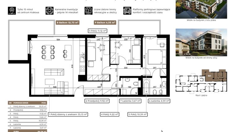 Rzut - Mieszkanie na sprzedaż 4 pokoje o powierzchni 84,04 m² - numer M1 w Dolnomłyńska 5