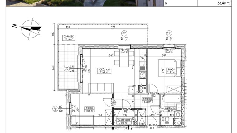 Rzut - Mieszkanie na sprzedaż 3 pokoje o powierzchni 58,4 m² - numer M.B8.00.06 w Osiedle Harmonia bud. B8