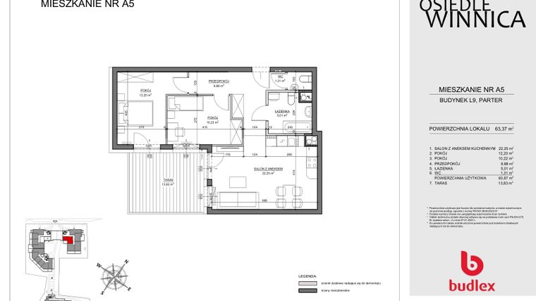 Rzut - Mieszkanie na sprzedaż 3 pokoje o powierzchni 63,37 m² - numer A05 w Osiedle Winnica L9