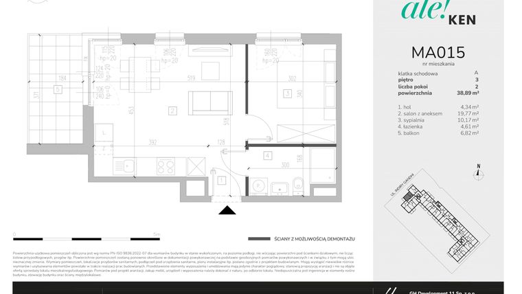 Rzut - Mieszkanie na sprzedaż 2 pokoje o powierzchni 38,89 m² - numer MA015 w Ale!Ken