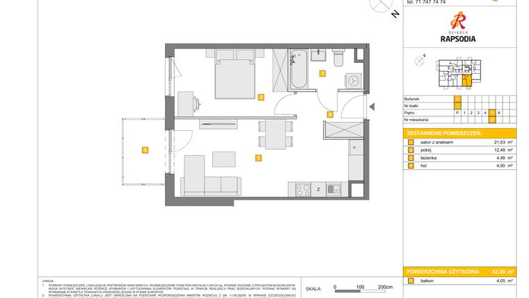 Rzut - Mieszkanie na sprzedaż 2 pokoje o powierzchni 42,59 m² - numer D.32 w Osiedle Rapsodia etap 2