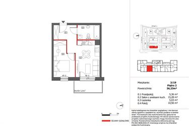 Rzut - Mieszkanie na sprzedaż 2 pokoje o powierzchni 36,23 m² - numer 3/19 w Słoneczny Zakątek