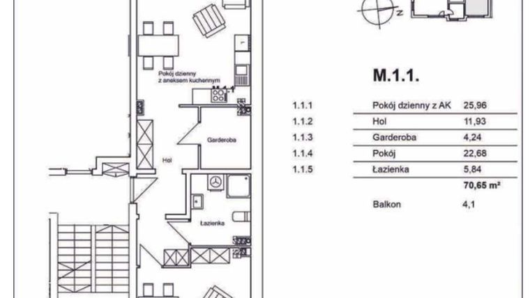 Rzut - Mieszkanie na sprzedaż 2 pokoje o powierzchni 70,65 m² - numer M.1.1 w Konopnickiej 12
