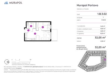 Rzut - Mieszkanie na sprzedaż 2 pokoje o powierzchni 32,05 m² - numer 1.B.3.02 w Murapol Portovo etap II