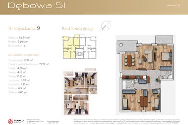 Rzut - Mieszkanie na sprzedaż 4 pokoje o powierzchni 84,98 m² - numer 51B.M9 w Dębowa 51