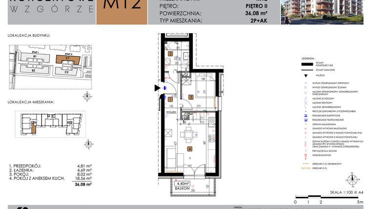 Rzut - Mieszkanie na sprzedaż 2 pokoje o powierzchni 36,08 m² - numer C1_M12 w Koncertowe Wzgórze etap II