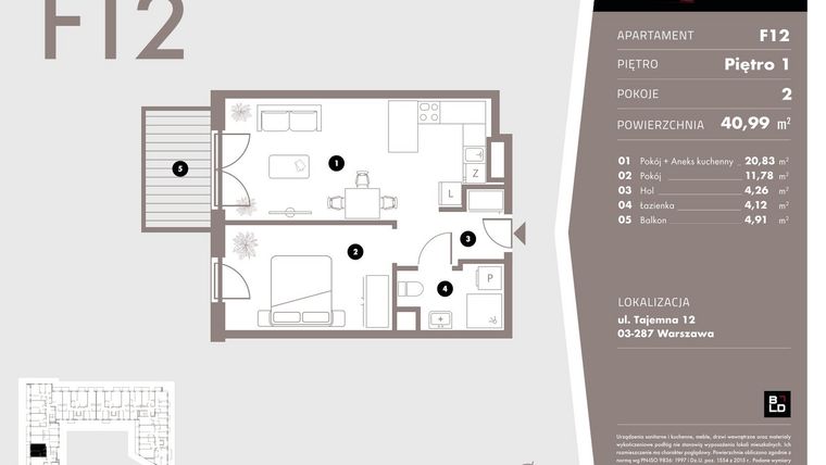 Rzut - Mieszkanie na sprzedaż 2 pokoje o powierzchni 40,99 m² - numer F12 w Livo