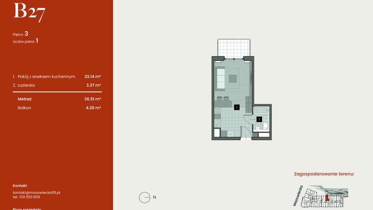 Rzut - Mieszkanie na sprzedaż 1 pokój o powierzchni 26,51 m² - numer B27 w Mazowiecka 115