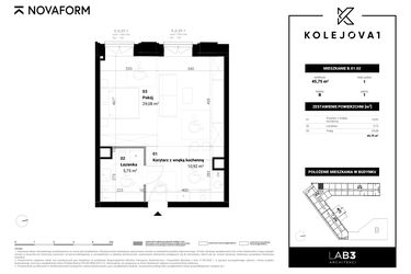 Rzut - Mieszkanie na sprzedaż 2 pokoje o powierzchni 45,75 m² - numer B-01-02 w Kolejova 1
