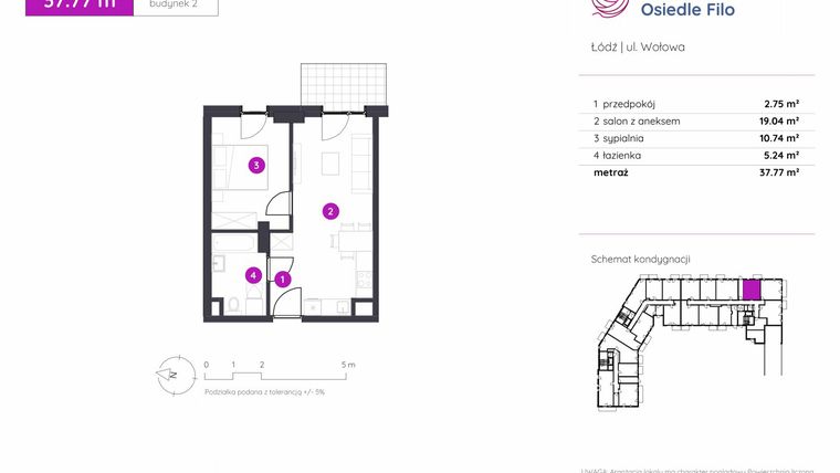 Rzut - Mieszkanie na sprzedaż 2 pokoje o powierzchni 37,77 m² - numer 2.C.0.07 w Murapol Osiedle Filo etap II