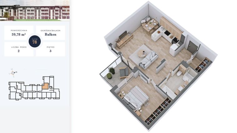 Rzut - Mieszkanie na sprzedaż 2 pokoje o powierzchni 59,78 m² - numer 78 w Apartamenty Home Premium etap 2