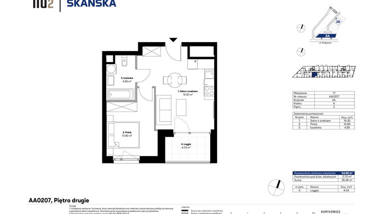Rzut - Mieszkanie na sprzedaż 2 pokoje o powierzchni 34,66 m² - numer AA0207 w NU2 Warszawa Wola - apartamenty wykończone pod klucz