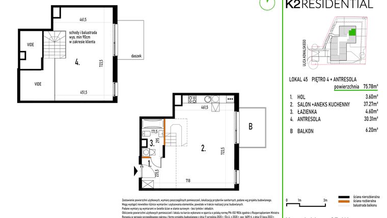 Rzut - Mieszkanie na sprzedaż 1 pokój o powierzchni 75,78 m² - numer 45 w Kowalskiego 37