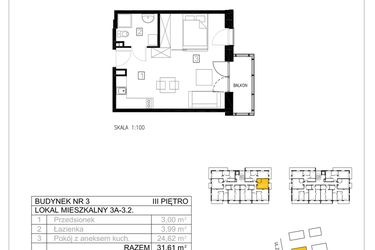Rzut - Mieszkanie na sprzedaż 1 pokój o powierzchni 31,5 m² - numer 3A-3.2 w Gardenia Pogodno