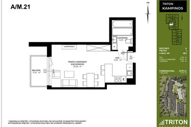 Rzut - Mieszkanie na sprzedaż 1 pokój o powierzchni 32,95 m² - numer A_M21 w Triton Kampinos III