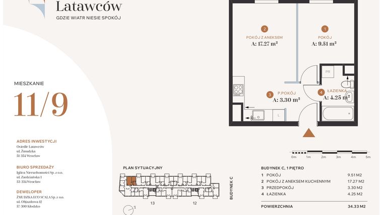 Rzut - Mieszkanie na sprzedaż 2 pokoje o powierzchni 34,33 m² - numer C11-9 w Osiedle Latawców