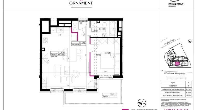 Rzut - Mieszkanie na sprzedaż 2 pokoje o powierzchni 51,78 m² - numer 61 w Ornament