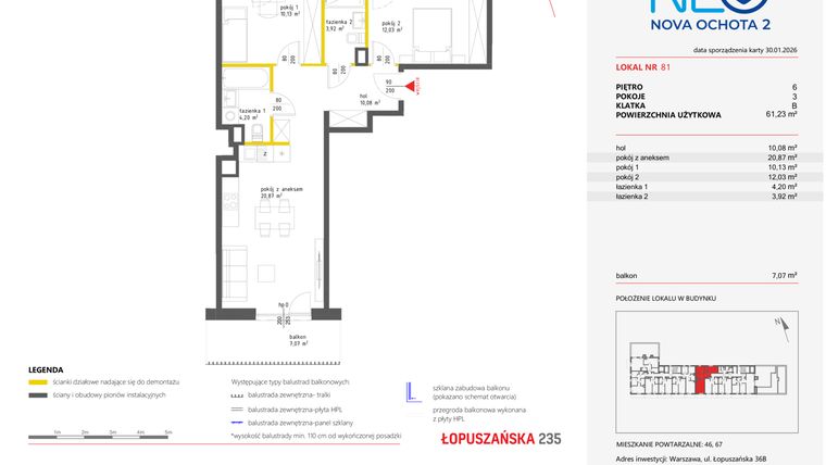 Rzut - Mieszkanie na sprzedaż 3 pokoje o powierzchni 61,15 m² - numer 81 w Neo Nova Ochota 2