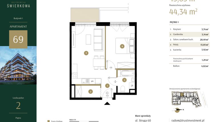 Rzut - Mieszkanie na sprzedaż 2 pokoje o powierzchni 45,63 m² - numer 69 w Rezydencja Świerkowa