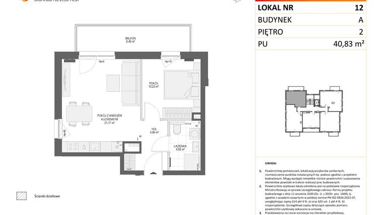 Rzut - Mieszkanie na sprzedaż 2 pokoje o powierzchni 40,83 m² - numer A12 w Osiedle Orzechowa