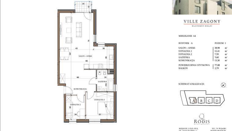 Rzut - Mieszkanie na sprzedaż 3 pokoje o powierzchni 77,88 m² - numer A.4 w Ville Zagony